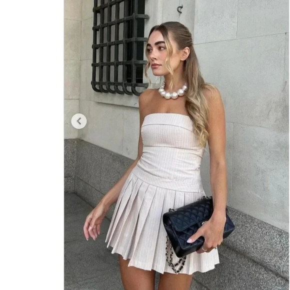 Zara Strapless Striped Pleated Hem Mini Dress Pale  Pink Size Small - Picture 15 of 15